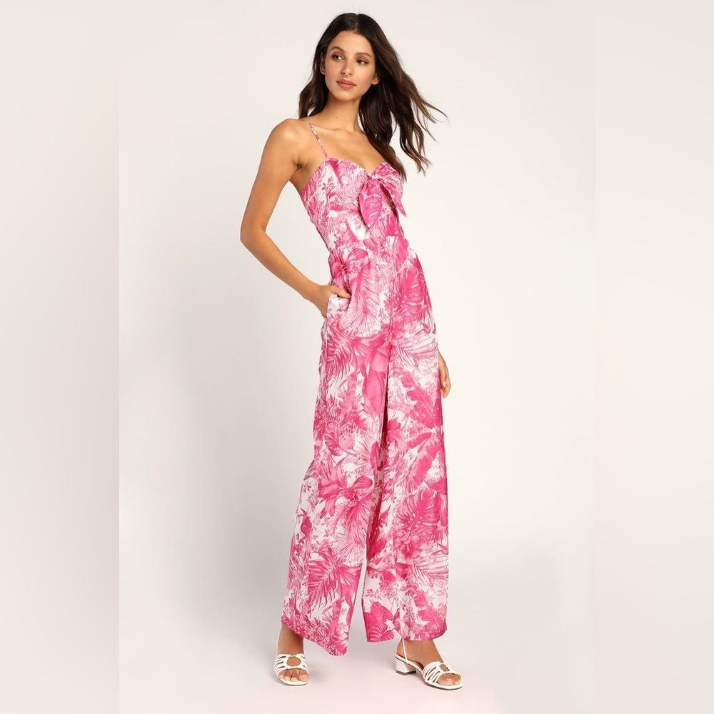 Lulus Blissful in Bali Pink Tropical Print Tie-Front Jumpsuit XL